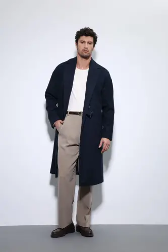 Lacivert Kuşaklı Oversize Erkek Kaban - Lacivert 