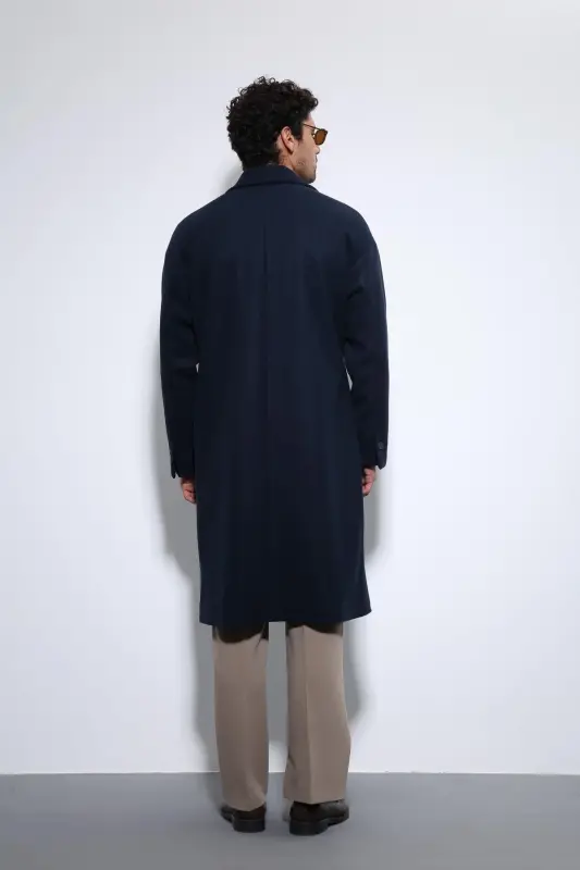 Lacivert Kuşaklı Oversize Erkek Kaban - Lacivert - 2
