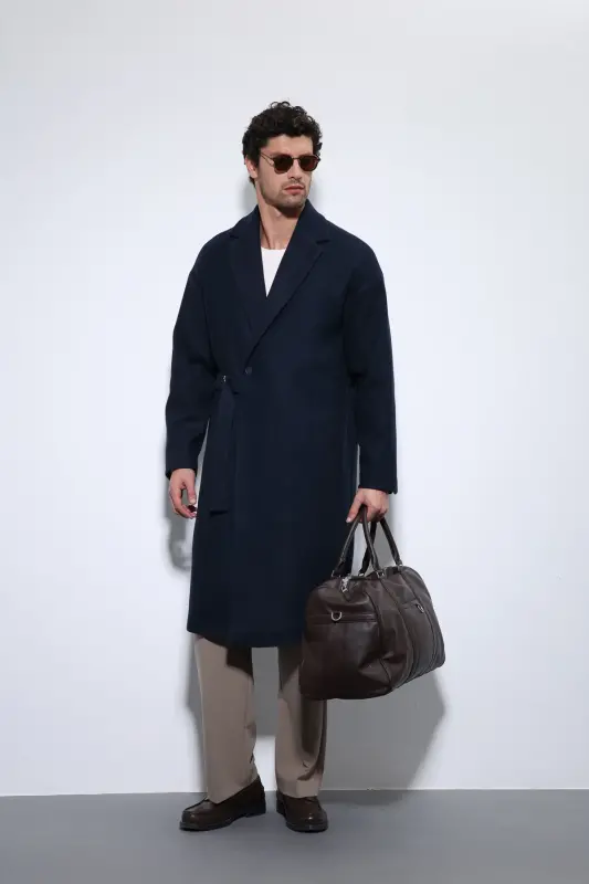 Lacivert Kuşaklı Oversize Erkek Kaban - Lacivert - 3