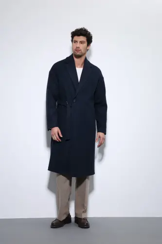 Lacivert Kuşaklı Oversize Erkek Kaban - Lacivert - 4