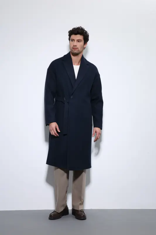 Lacivert Kuşaklı Oversize Erkek Kaban - Lacivert - 4