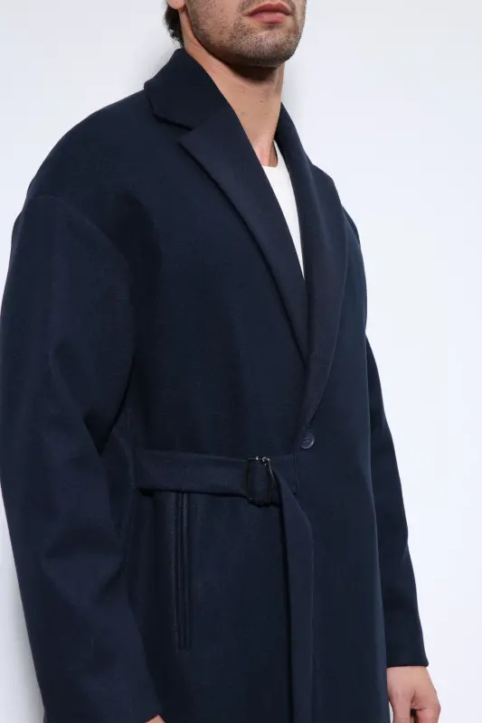 Lacivert Kuşaklı Oversize Erkek Kaban - Lacivert - 5