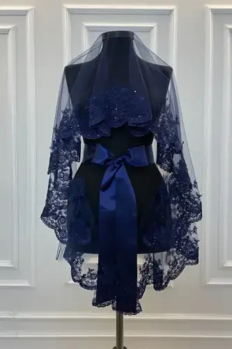 Lacivert Narin Desen Işıl Işıl Güpürlü Gelin Duvak Seti, Kına Duvağı Seti-Lacivert - 1