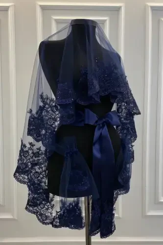 Lacivert Narin Desen Işıl Işıl Güpürlü Gelin Duvak Seti, Kına Duvağı Seti-Lacivert - ZEYMERADE (1)