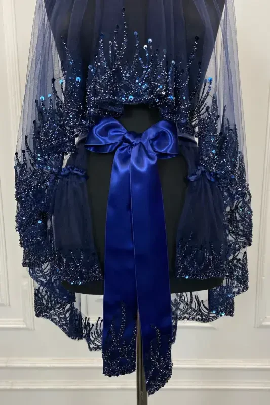 Lacivert Olov Yorqin Naqshli Kelinlik Roʻmoli Toʻplami, Sequins Boncukli Suvli Toshli Xina Roʻmoli Toʻplami 6 Qism-Lacivert - 3