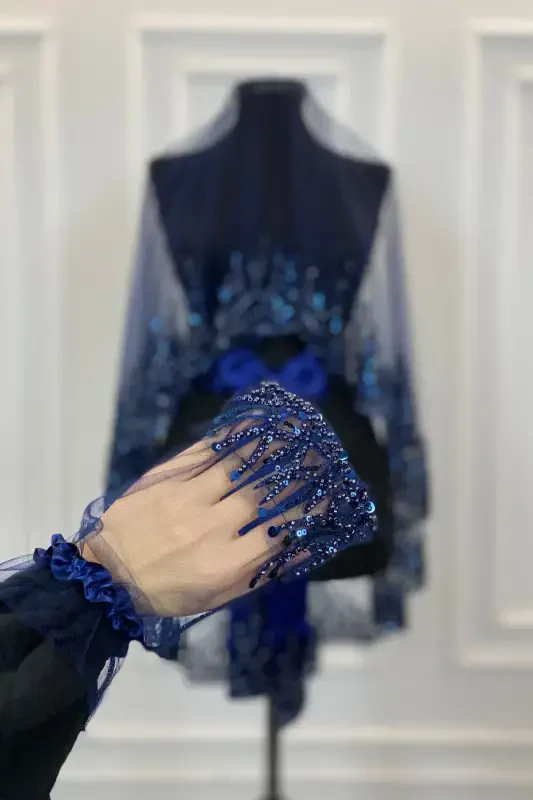 Lacivert Olov Yorqin Naqshli Kelinlik Roʻmoli Toʻplami, Sequins Boncukli Suvli Toshli Xina Roʻmoli Toʻplami 6 Qism-Lacivert - 4