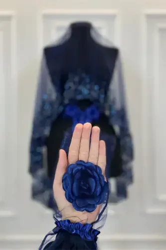 Lacivert Olov Yorqin Naqshli Kelinlik Roʻmoli Toʻplami, Sequins Boncukli Suvli Toshli Xina Roʻmoli Toʻplami 6 Qism-Lacivert - 5