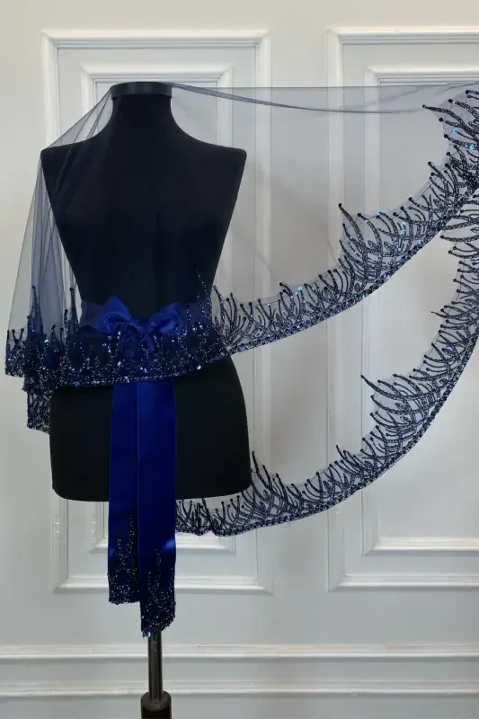 Lacivert Olov Yorqin Naqshli Kelinlik Roʻmoli Toʻplami, Sequins Boncukli Suvli Toshli Xina Roʻmoli Toʻplami 6 Qism-Lacivert - 7