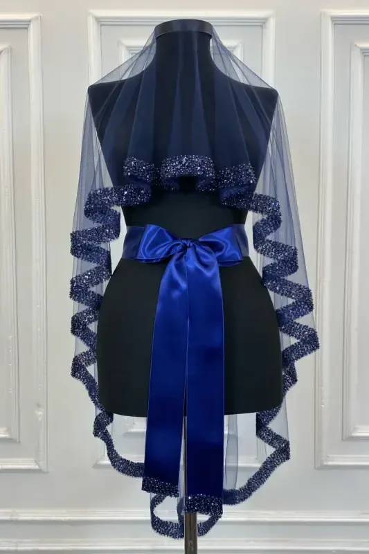 Lacivert Orkide Gelin Duvak Seti, Su Taşlı Kına Duvağı Seti 6 Parça-Lacivert - 7