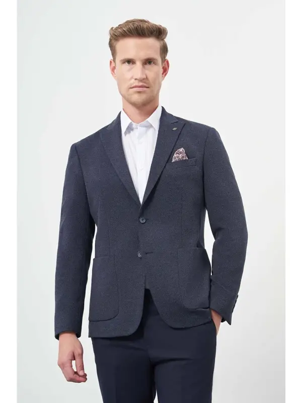 Lacivert Örme Kılıç Yaka 6 Drop Slim Fit Ceket 1002245156-Lacivert - 1