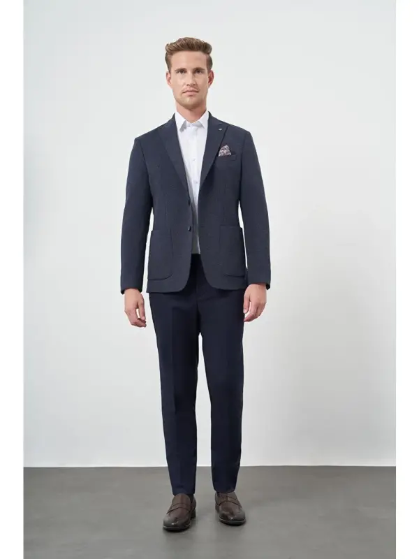 Lacivert Örme Kılıç Yaka 6 Drop Slim Fit Ceket 1002245156-Lacivert - 2