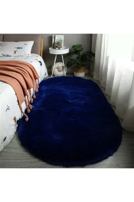 Lacivert Oval Post Halı Peluş Yumuşak Kaymaz Dot Taban-Lacivert - VILA NOVA HOME