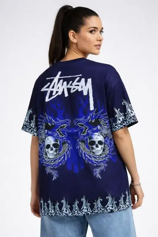 Lacivert Oversize Tişört Dragon - Kuru Kafa Baskılı Bisiklet Yaka T-Shirt - Lacivert - BÜYÜKBEDENIZ