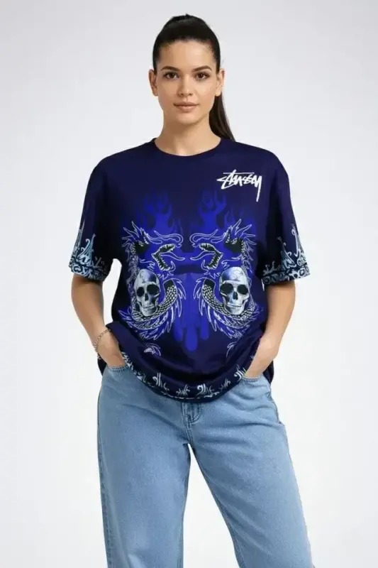 Lacivert Oversize Tişört Dragon - Kuru Kafa Baskılı Bisiklet Yaka T-Shirt - Lacivert - 2