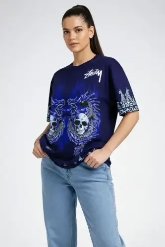 Lacivert Oversize Tişört Dragon - Kuru Kafa Baskılı Bisiklet Yaka T-Shirt - Lacivert - 3
