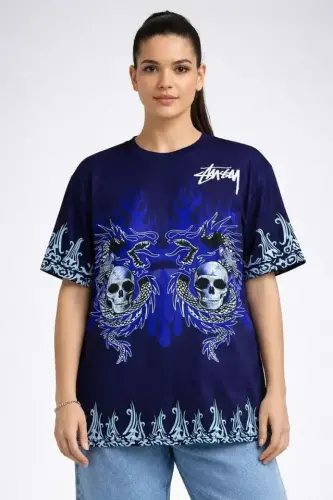 Lacivert Oversize Tişört Dragon - Kuru Kafa Baskılı Bisiklet Yaka T-Shirt - Lacivert - 4