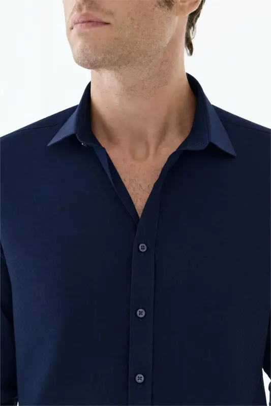 Lacivert Pamuk Karışımlı Comfort Fit Gömlek - 3