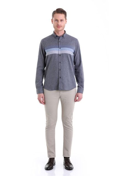 Lacivert Comfort Fit Düz Düğmeli Yaka Uzun Kollu Casual Flanel Gömlek-Lacivert D. - 3