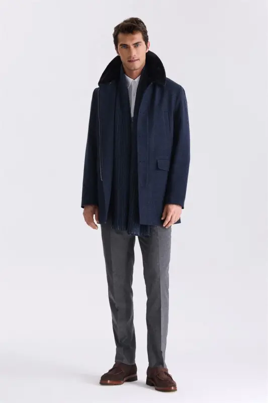 Lacivert Regular Fit Çıkarılabilir Kürklü Yaka Desenli Yünlü Kaban - 1