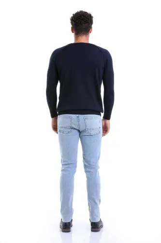 Lacivert Regular Fit Desenli Bisiklet Yaka Yünlü Triko Kazak-Lacivert - 5