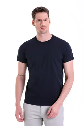 Lacivert Regular Fit Düz 100% Pamuk Bisiklet Yaka Tişört - Lacivert - 3