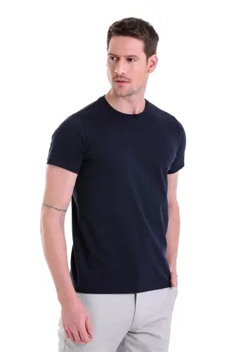 Lacivert Regular Fit Düz 100% Pamuk Bisiklet Yaka Tişört - Lacivert - 5