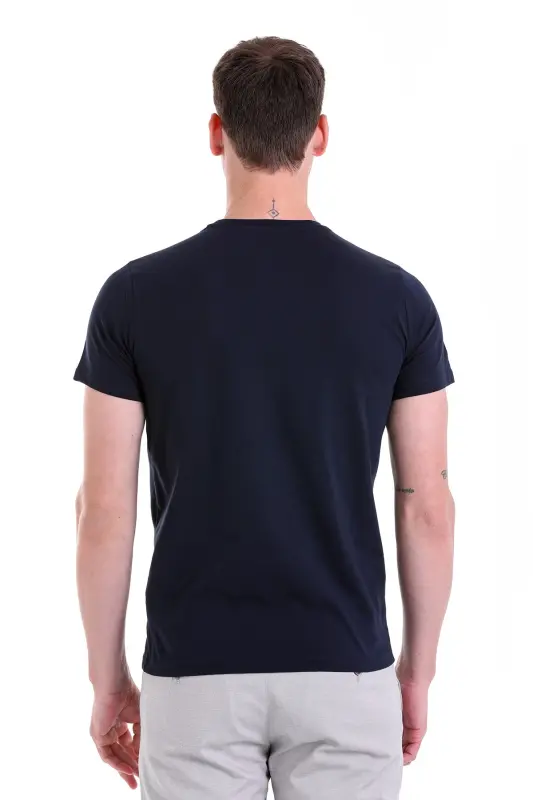 Lacivert Regular Fit Düz 100% Pamuk Bisiklet Yaka Tişört - Lacivert - 6