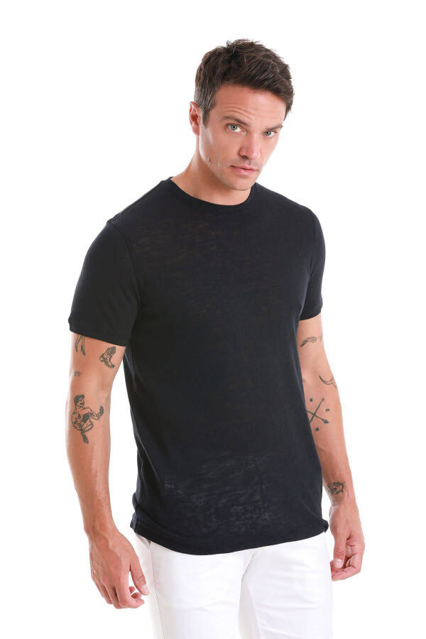 Lacivert Regular Fit Düz Bisiklet Yaka Pamuklu Tişört - Lacivert - 3