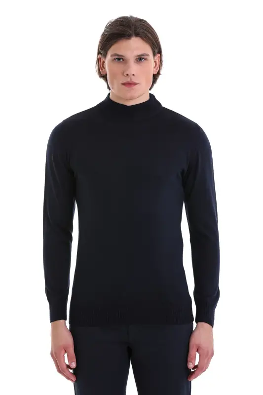 Lacivert Regular Fit Düz Yarım Balıkçı Yaka Yünlü Triko Kazak-Lacivert - HATEMOĞLU