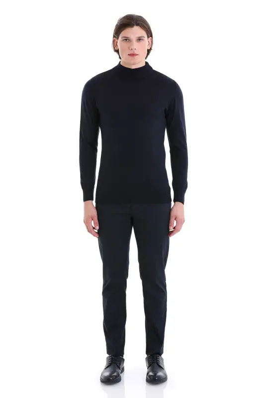 Lacivert Regular Fit Düz Yarım Balıkçı Yaka Yünlü Triko Kazak-Lacivert - 2