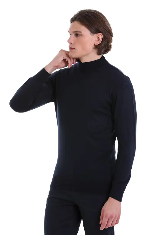Lacivert Regular Fit Düz Yarım Balıkçı Yaka Yünlü Triko Kazak-Lacivert - 3