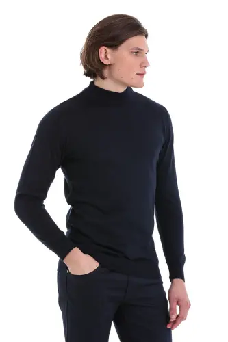 Lacivert Regular Fit Düz Yarım Balıkçı Yaka Yünlü Triko Kazak-Lacivert - 4