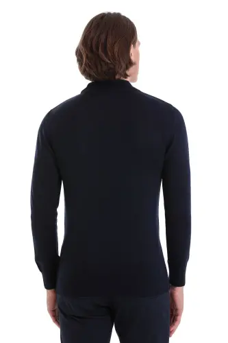 Lacivert Regular Fit Düz Yarım Balıkçı Yaka Yünlü Triko Kazak-Lacivert - 6