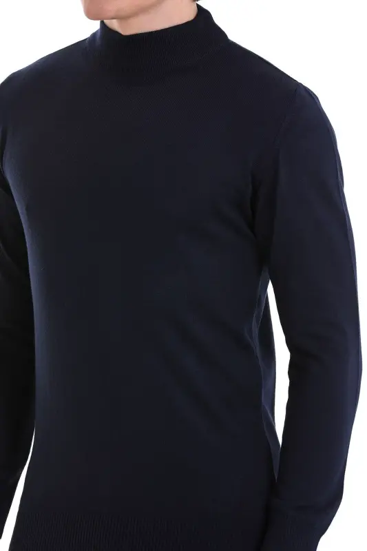 Lacivert Regular Fit Düz Yarım Balıkçı Yaka Yünlü Triko Kazak-Lacivert - 5