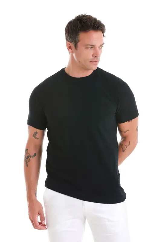 Lacivert Regular Fit Jakarlı Bisiklet Yaka Tişört-Lacivert - 4