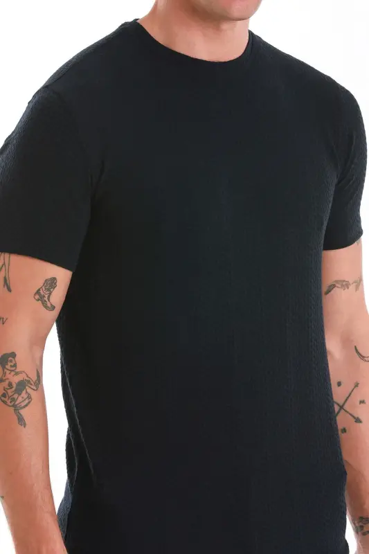 Lacivert Regular Fit Jakarlı Bisiklet Yaka Tişört-Lacivert - 5