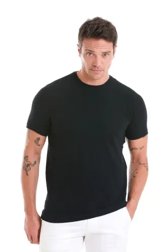 Lacivert Regular Fit Jakarlı Bisiklet Yaka Tişört-Lacivert - 1