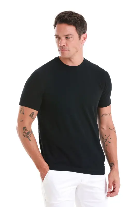 Lacivert Regular Fit Jakarlı Bisiklet Yaka Tişört - Lacivert - 3