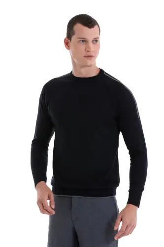 Lacivert Regular Fit Jakarlı Bisiklet Yaka Yünlü Triko Kazak-Lacivert - 3