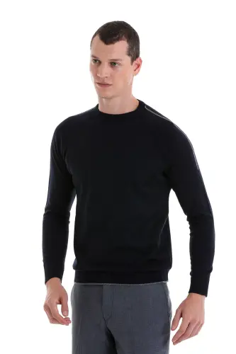 Lacivert Regular Fit Jakarlı Bisiklet Yaka Yünlü Triko Kazak-Lacivert - 4