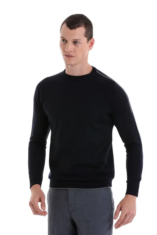 Lacivert Regular Fit Jakarlı Bisiklet Yaka Yünlü Triko Kazak-Lacivert - 4