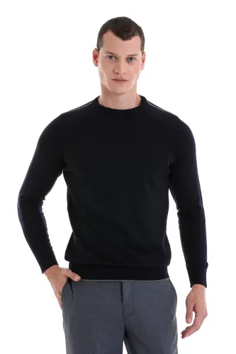 Lacivert Regular Fit Jakarlı Bisiklet Yaka Yünlü Triko Kazak-Lacivert - 1