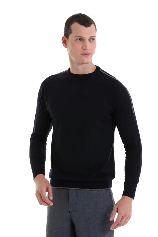 Lacivert Regular Fit Jakarlı Bisiklet Yaka Yünlü Triko Kazak-Lacivert - 3