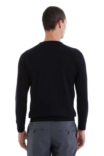 Lacivert Regular Fit Jakarlı Bisiklet Yaka Yünlü Triko Kazak-Lacivert - 6