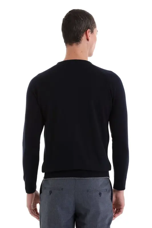 Lacivert Regular Fit Jakarlı Bisiklet Yaka Yünlü Triko Kazak-Lacivert - 6