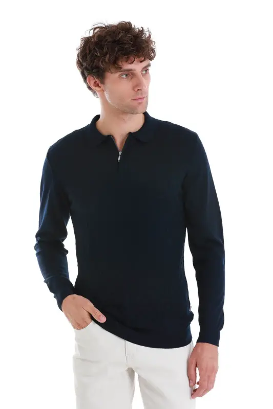 Lacivert Regular Fit Jakarlı Polo Yaka Yünlü Triko Kazak - Lacivert - 1