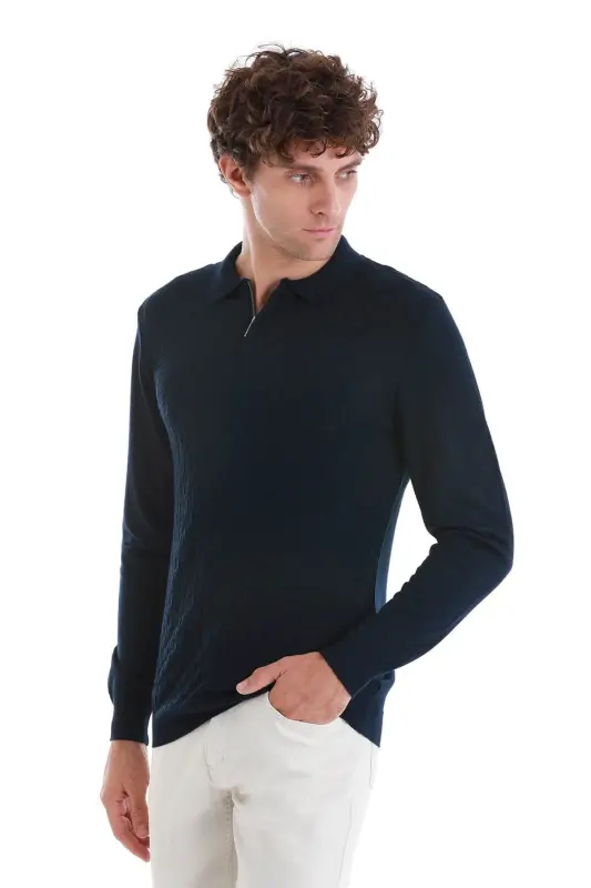 Lacivert Regular Fit Jakarlı Polo Yaka Yünlü Triko Kazak - Lacivert - 3