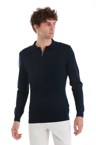 Lacivert Regular Fit Jakarlı Polo Yaka Yünlü Triko Kazak - Lacivert - 4