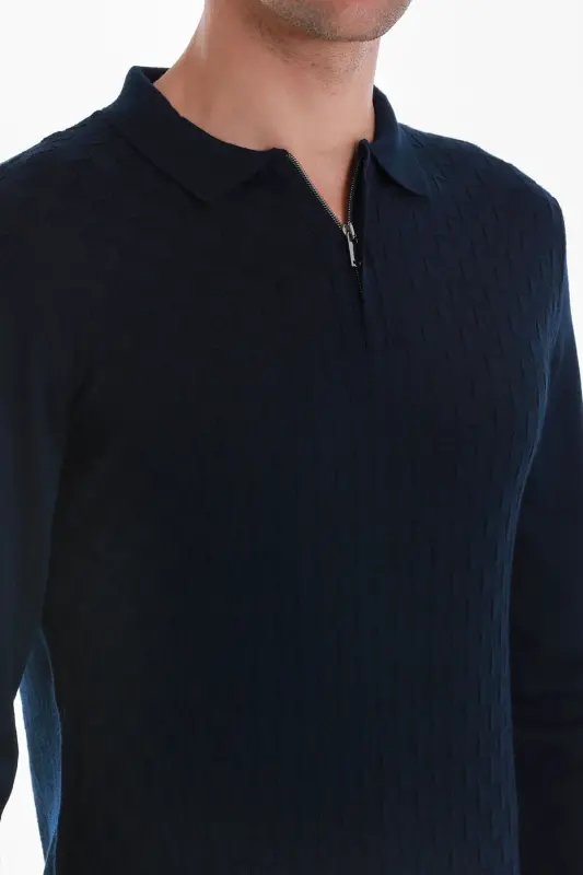 Lacivert Regular Fit Jakarlı Polo Yaka Yünlü Triko Kazak - Lacivert - 5