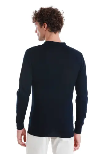 Lacivert Regular Fit Jakarlı Polo Yaka Yünlü Triko Kazak - Lacivert - 6